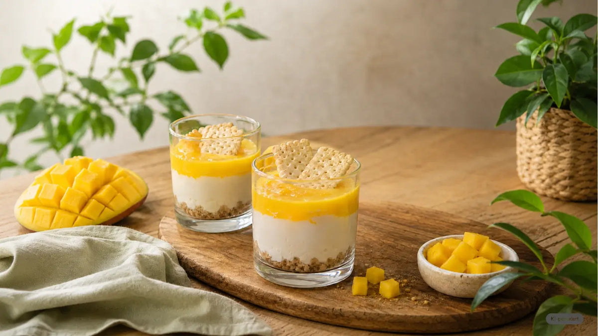 Cheesecake im Glas mit Butterkeksen und Mango