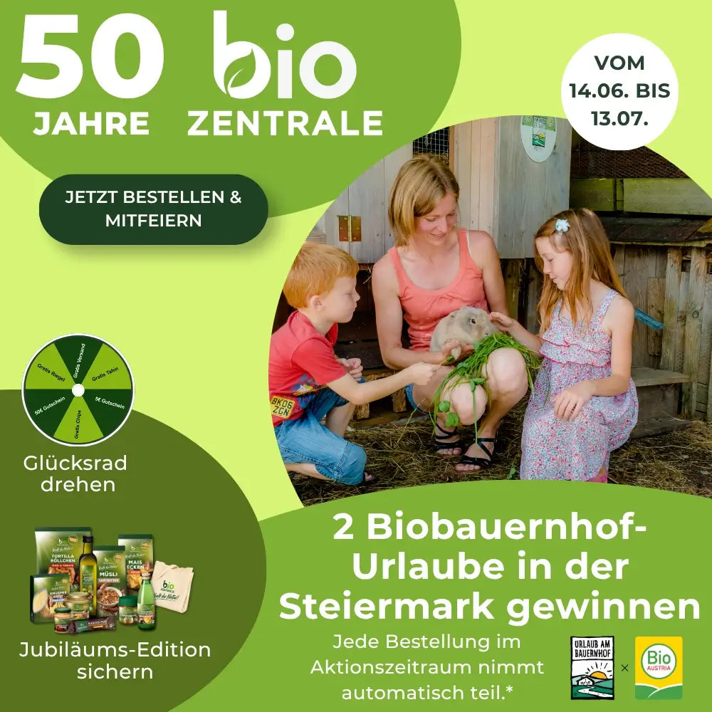 50 Jahre Biozentrale mit Bauernhof-Urlaub-Gewinnspiel, Glücksrad und limitierter Bestseller-Box; Desktop Banner