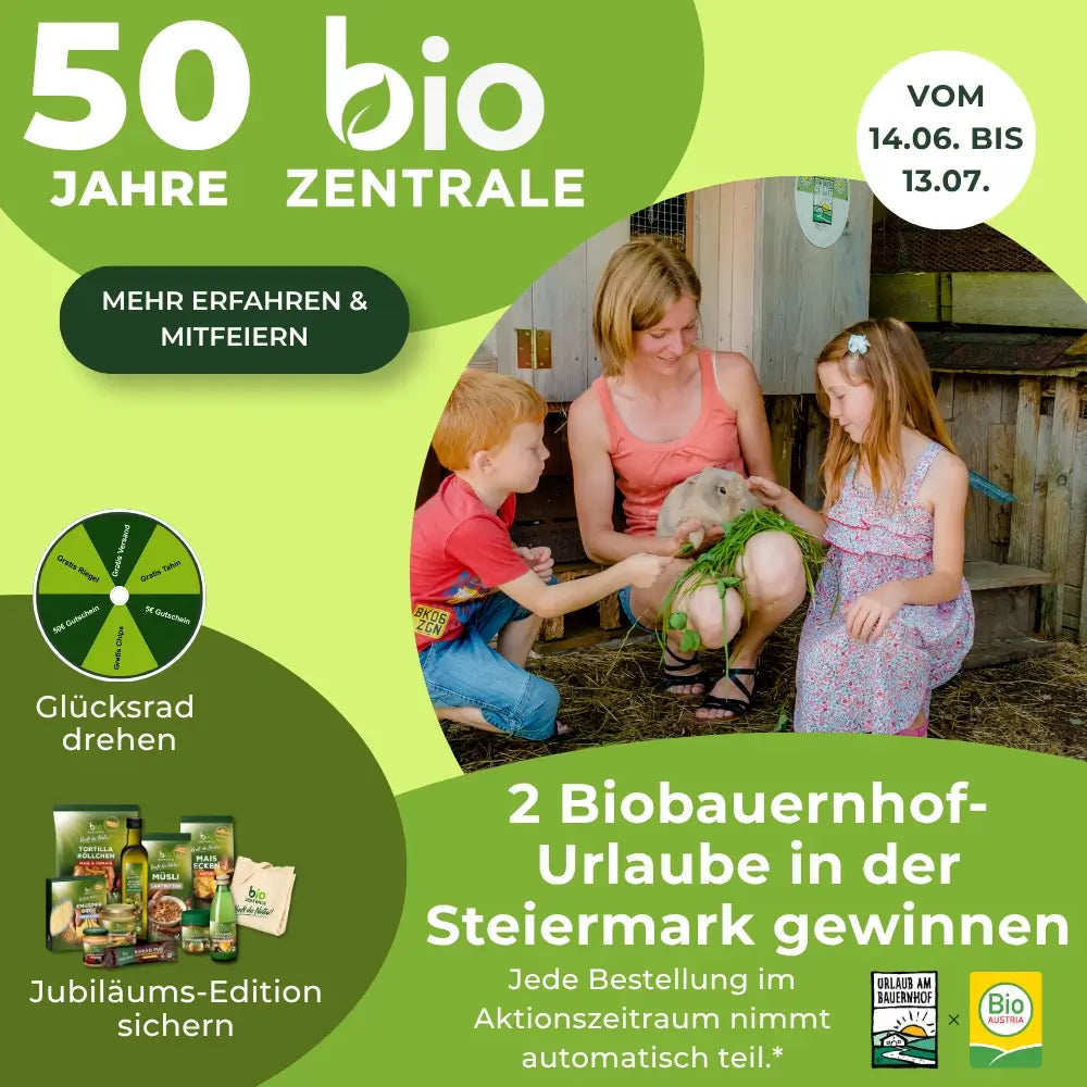 50 Jahre Bio-Zentrale mit Biobauernhof-Urlaub-Verlosung, Glücksrad und Jubiläumsedition der Bestseller-Box, mobiles Banner