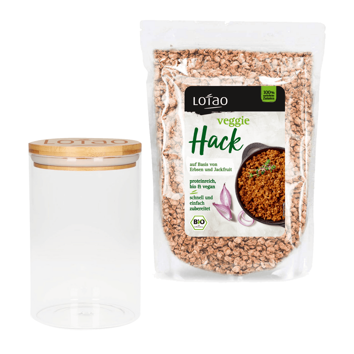 Vorratsglas und Veggie Hack im Großgebinde