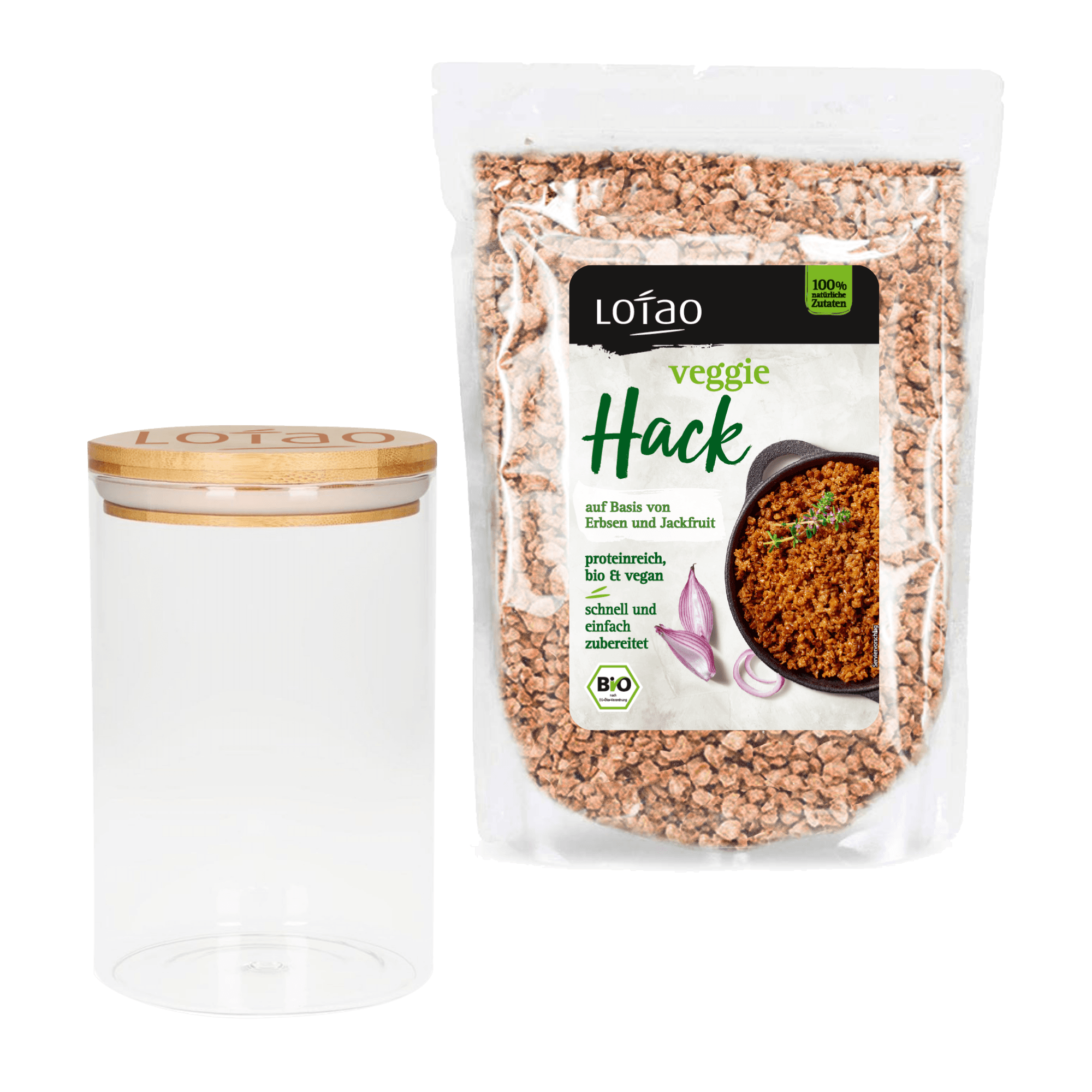 Vorratsglas und Veggie Hack im Großgebinde