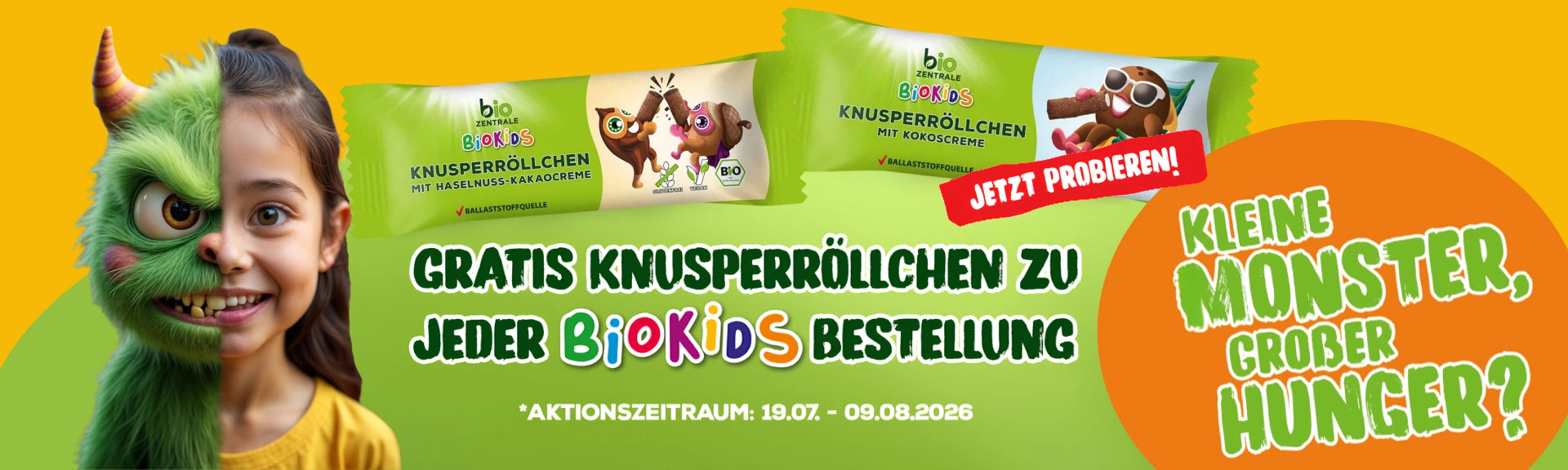 Monster-Aktion startet: Zu jeder BioKids-Bestellung gibt es eine Packung Knusperröllchen gratis dazu bis 09.08.26