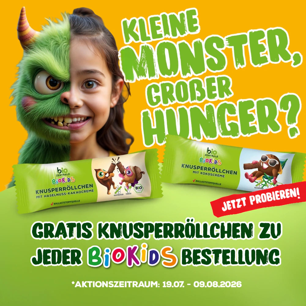 Monster-Aktion startet: Zu jeder BioKids-Bestellung gibt es eine Packung Knusperröllchen gratis dazu bis 09.08.26