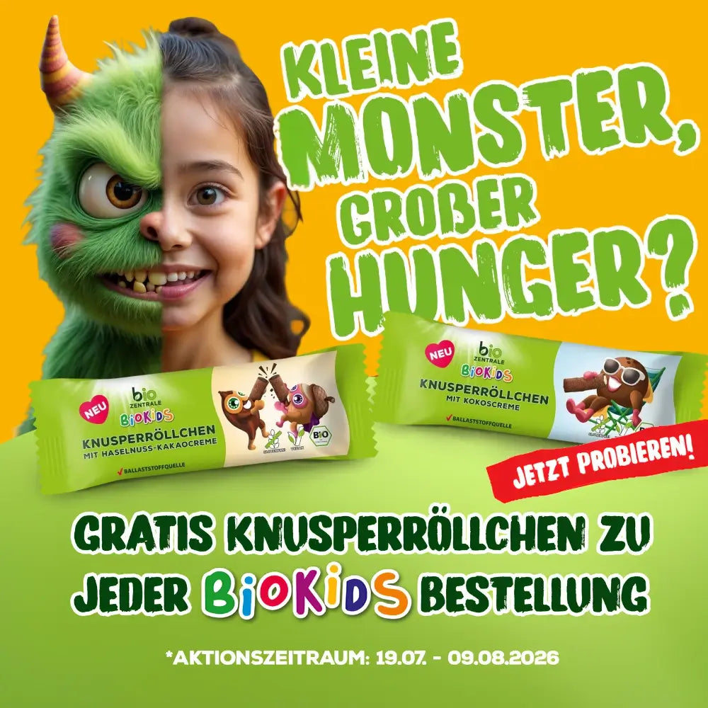 Monster-Aktion startet: Zu jeder BioKids-Bestellung gibt es eine Packung Knusperröllchen gratis dazu bis 09.08.26