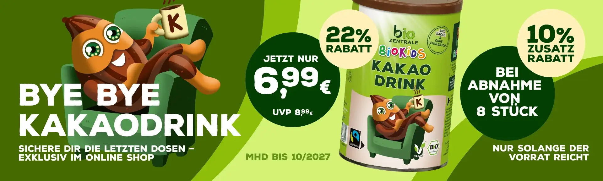 Desktop Banner der biozentrale zur Restmenge vom Biokids Kakaodrink zum Angebotspreis