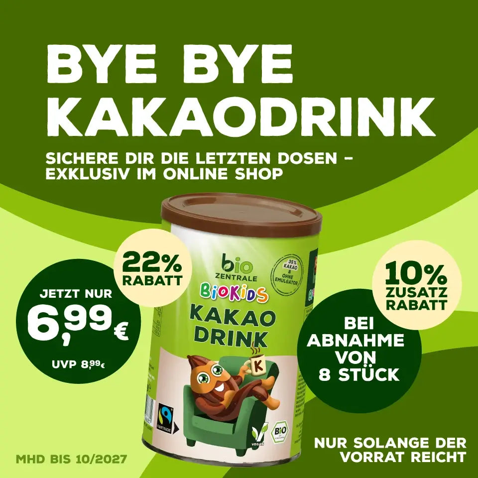 Mobiles Banner der biozentrale zur Restmenge vom Biokids Kakaodrink zum Angebotspreis