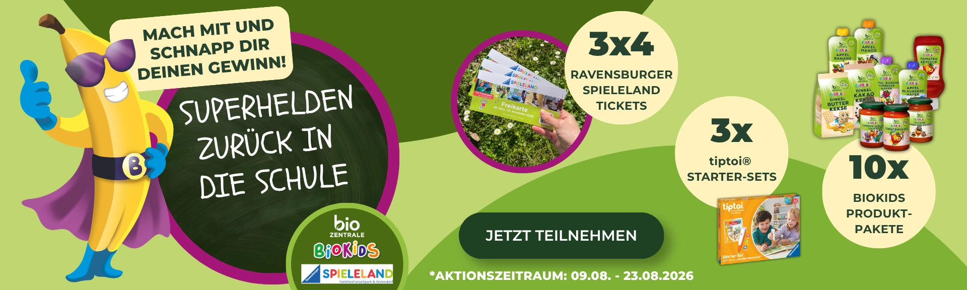 Link zur Schulstart-Aktion von biozentrale mit Preisen von Ravensburger Spieleland uvm. bis 23.08.2026