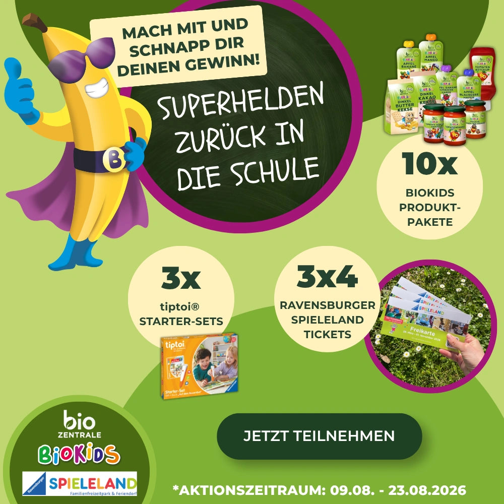 Link zur Schulstart-Aktion von biozentrale mit Preisen von Ravensburger Spieleland uvm. bis 23.08.2026